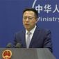 In an image taken from video, Chinese Foreign Ministry spokesperson Zhao Lijian speaks during a media briefing Thursday, March 10, 2022, in Beijing. (AP Photo, File)