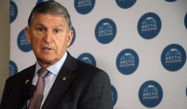 U.S. Sen. Joe Manchin, a West Virginia Democrat, addresses a news conference during the Arctic Encounter symposium, Friday, April 8, 2022, in Anchorage, Alaska. Representatives from several Arctic countries, including the United States, Norway, Iceland, Finland, Greenland and Japan, met for a two-day conference to discuss areas of international collaboration, diplomacy and policies impacting the Arctic. One Arctic nation missing was Russia, which had expressed interest after initially pulling out but was told by event organizers it was not appropriate after Russia invaded Ukraine. (AP Photo/Mark Thiessen) **FILE**