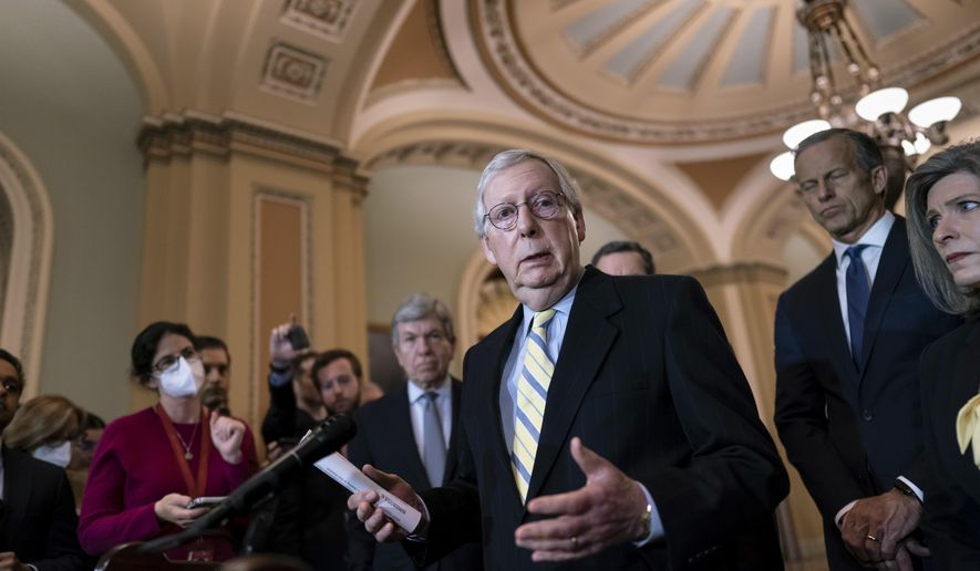 Senate Minority Leader Mitch McConnell, R-Ky., talks with reporters at the Capitol in Washington, April 5, 2022. (AP Photo/J. Scott Applewhite, file)