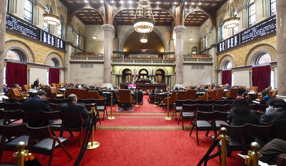 The Assembly Chamber is pictured during a legislative session at the state Capitol Friday, April 8, 2022, in Albany, N.Y. (AP Photo/Hans Pennink)