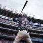 Washington Nationals right fielder Juan Soto (22) in action wearing a City Connect jersey during a baseball game against the New York Mets at Nationals Park, Sunday, April 10, 2022, in Washington. (AP Photo/Alex Brandon)