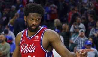 Philadelphia 76ers&#39; Joel Embiid, reacts following an NBA basketball game against the Indiana Pacers, Saturday, April 9, 2022, in Philadelphia. The 76ers won 133-120. (AP Photo/Chris Szagola) **FILE**