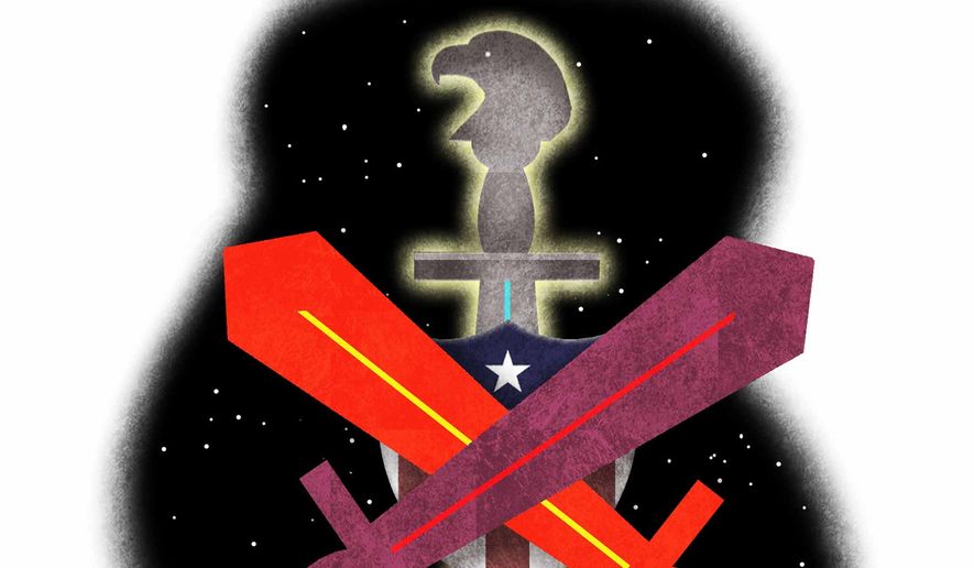 Illustration on the military space race by Alexander hunter/The Washington Times