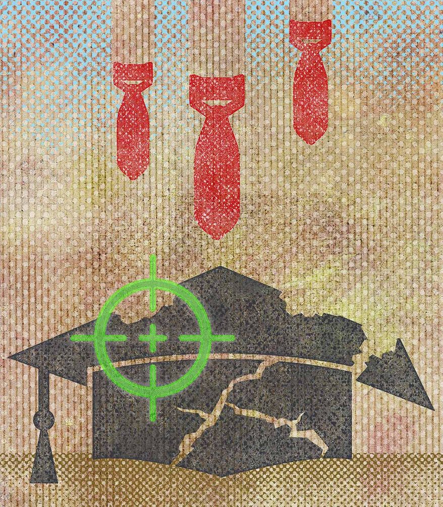 Illustration on the war on private career colleges by Greg Groesch/The Washington Times