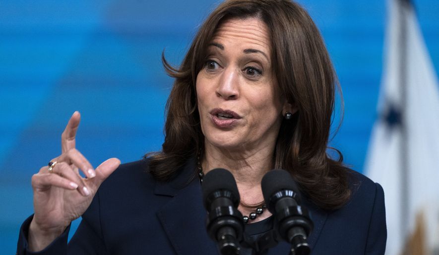 Vice President Kamala Harris speaks from the South Court Auditorium on the White House complex in Washington, Monday, April 11, 2022, about medical debt. (AP Photo/Jacquelyn Martin)