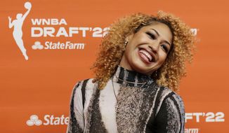 CORRECTS ID TO MISSISSIPPI&#39;S SHAKIRA AUSTIN INSTEAD OF TENNESSEE&#39;S RAE BURRELL - Mississippi&#39;s Shakira Austin poses for a picture before the WNBA basketball draft, Monday, April 11, 2022, in New York. (AP Photo/Adam Hunger)