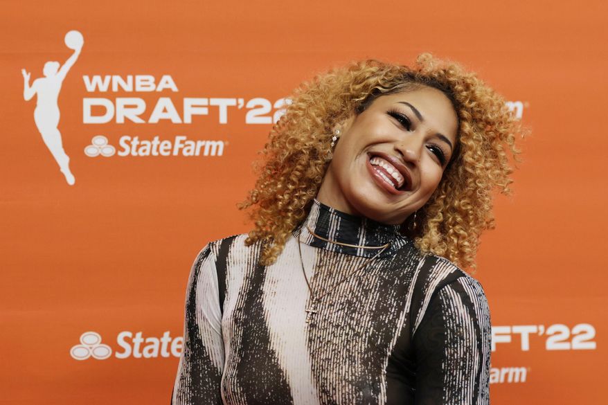 Mississippi's Shakira Austin poses for a picture before the WNBA basketball draft, Monday, April 11, 2022, in New York. (AP Photo/Adam Hunger) **FILE**
