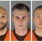 This combination of photos provided by the Hennepin County Sheriff&#x27;s Office in Minnesota on June 3, 2020, shows, from left, former Minneapolis police officers J. Alexander Kueng, Thomas Lane and Tou Thao. The former policer officers have been convicted of violating George Floyd&#x27;s civil rights when Officer Derek Chauvin pressed his knee into Floyd&#x27;s neck for 9 1/2 minutes as the 46-year-old Black man was handcuffed and facedown on the street on May 25, 2020. A Minnesota judge will hear arguments Monday, April 11, 2022 on whether to allow live video coverage of the upcoming trial of the three former Minneapolis police officers charged in the murder of George Floyd. (Hennepin County Sheriff&#x27;s Office via AP, File)