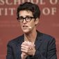 MSNBC television anchor Rachel Maddow, host of the Rachel Maddow Show, moderates the &quot;Perspectives on National Security&quot; panel on Oct. 16, 2017, in Cambridge, Mass. Maddow returned to the air on Monday, April 11, 2022, with some bad news for her fans: Starting in May, she will be doing her prime-time show just once a week. (AP Photo/Steven Senne, File)