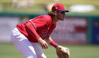 Philadelphia Phillies third baseman Alec Bohm waits for a play during a spring training baseball game against the Baltimore Orioles, Monday, March 28, 2022, in Clearwater, Fla. (AP Photo/Lynne Sladky) **FILE**