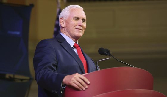 Former Vice President Mike Pence speaks at the University of Virginia in Charlottesville, Va., Tuesday, April 12, 2022. The event was hosted by Young Americans for Freedom, a conservative UVA student group. (Andrew Shurtleff/The Daily Progress via AP)