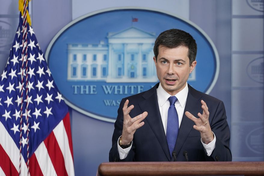 Transportation Secretary Pete Buttigieg speaks during the daily briefing at the White House in Washington, on Nov. 8, 2021. (AP Photo/Susan Walsh, File) **FILE**