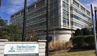 This photo shows Fairfax County Public Schools Monday, March 4, 2019 in Merrifield, Va. A federal appeals court has granted a request from a Virginia school system to continue using a challenged admissions policy while it appeals a ruling that found it discriminates against Asian American students. A three-judge panel of the 4th U.S. Circuit Court of Appeals said in a ruling Thursday, March 31, 2022 that Fairfax County Public Schools can continue to use its new admissions policy at the highly selective Thomas Jefferson High School for Science and Technology. (AP Photo/Matthew Barakat)