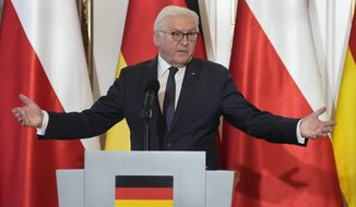 FILE - German President Frank-Walter Steinmeier gestures at a news conference during his meeting with Polish President Andrzej Duda in Warsaw, Poland, Tuesday, April 12, 2022. The German government signaled irritation Wednesday, April 13, 2022 at a diplomatic snub by Ukraine for the German president, but otherwise sought to sidestep tensions that have flared at a delicate moment in German policymaking on the war. Steinmeier, the largely ceremonial head of state, hoped to travel to Ukraine with his Polish and Baltic counterparts but said Tuesday that his presence “apparently ... wasn&#39;t wanted in Kyiv.” (AP Photo/Czarek Sokolowski, File)