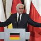 FILE - German President Frank-Walter Steinmeier gestures at a news conference during his meeting with Polish President Andrzej Duda in Warsaw, Poland, Tuesday, April 12, 2022. The German government signaled irritation Wednesday, April 13, 2022 at a diplomatic snub by Ukraine for the German president, but otherwise sought to sidestep tensions that have flared at a delicate moment in German policymaking on the war. Steinmeier, the largely ceremonial head of state, hoped to travel to Ukraine with his Polish and Baltic counterparts but said Tuesday that his presence “apparently ... wasn&#39;t wanted in Kyiv.” (AP Photo/Czarek Sokolowski, File)