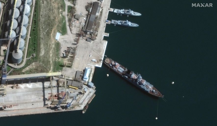 This satellite image provided by Maxar Technologies shows cruiser Moskva in port Sevastopol in Crimea on April 7, 2022. (Satellite image ©2022 Maxar Technologies via AP)
