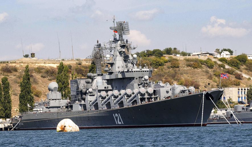 The Russian missile cruiser Moskva, the flagship of Russia&#39;s Black Sea Fleet, is seen anchored in the Black Sea port of Sevastopol, on Sept. 11, 2008. The Russian Defense Ministry confirmed the ship was damaged Wednesday, April 13, 2022, but not that it was hit by Ukraine. The Ministry says ammunition on board detonated as a result of a fire whose causes &amp;quot;were being established,&amp;quot; and the Moskva&#39;s entire crew was evacuated. (AP Photo, File)