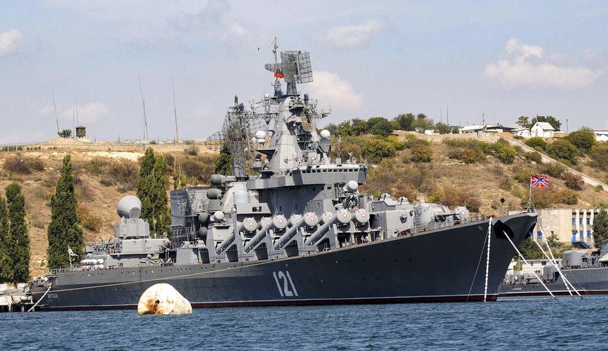 The Russian missile cruiser Moskva, the flagship of Russia&#x27;s Black Sea Fleet, is seen anchored in the Black Sea port of Sevastopol, on Sept. 11, 2008. The Russian Defense Ministry confirmed the ship was damaged Wednesday, April 13, 2022, but not that it was hit by Ukraine. The Ministry says ammunition on board detonated as a result of a fire whose causes &amp;quot;were being established,&amp;quot; and the Moskva&#x27;s entire crew was evacuated. (AP Photo, File)
