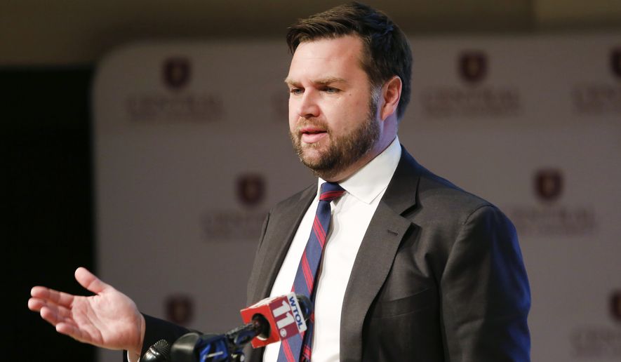 J.D. Vance, a Republican running for an open U.S. Senate seat in Ohio, speaks to reporters following a debate with other Republicans at Central State University in Wilberforce, Ohio, March 28, 2022. Former President Donald Trump is endorsing &quot;Hillbilly Elegy” author JD Vance in Ohio&#39;s competitive Republican Senate primary, ending months of jockeying in a race where his backing could be pivotal. (AP Photo/Paul Vernon, File)
