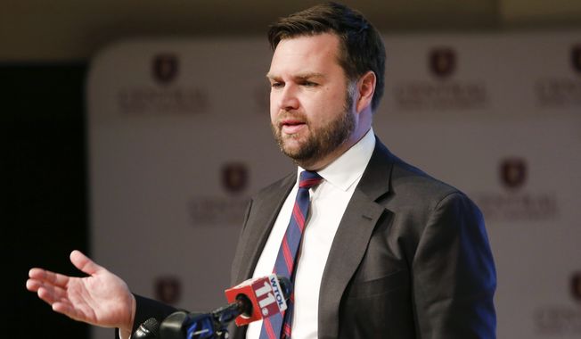 J.D. Vance, a Republican running for an open U.S. Senate seat in Ohio, speaks to reporters following a debate with other Republicans at Central State University in Wilberforce, Ohio, March 28, 2022. Former President Donald Trump is endorsing &quot;Hillbilly Elegy” author JD Vance in Ohio&#x27;s competitive Republican Senate primary, ending months of jockeying in a race where his backing could be pivotal. (AP Photo/Paul Vernon, File)