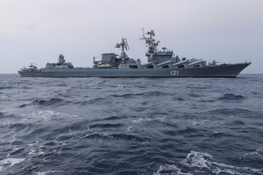 In this photo provided by the Russian Defense Ministry Press Service, Russian navy missile cruiser Moskva is on patrol in the Mediterranean Sea near the Syrian coast on Dec. 17, 2015. The Moskva was sunk in April. (Russian Defense Ministry Press Service via AP, File)
