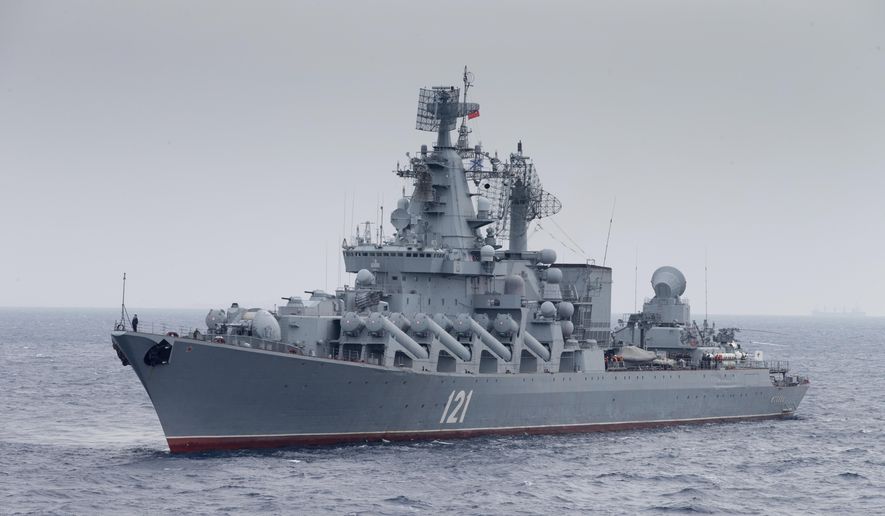 In this photo provided by the Russian Defense Ministry Press Service, the Russian missile cruiser Moskva is on patrol in the Mediterranean Sea near the Syrian coast on Dec. 17, 2015. (Russian Defense Ministry Press Service via AP, File)