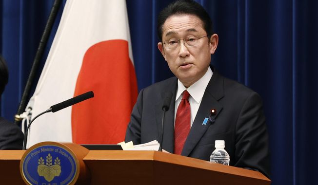 Japan&#x27;s Prime Minister Fumio Kishida speaks during a news conference at the prime minister&#x27;s official residence on April 8, 2022. Kishida and visiting U.S. lawmakers reaffirmed their commitment to working together under a longstanding bilateral alliance on Saturday, April 16, amid heightened global tensions spanning the war in Ukraine to threats from neighboring China and North Korea. (Rodrigo Reyes Marin/Pool Photo via AP, File)