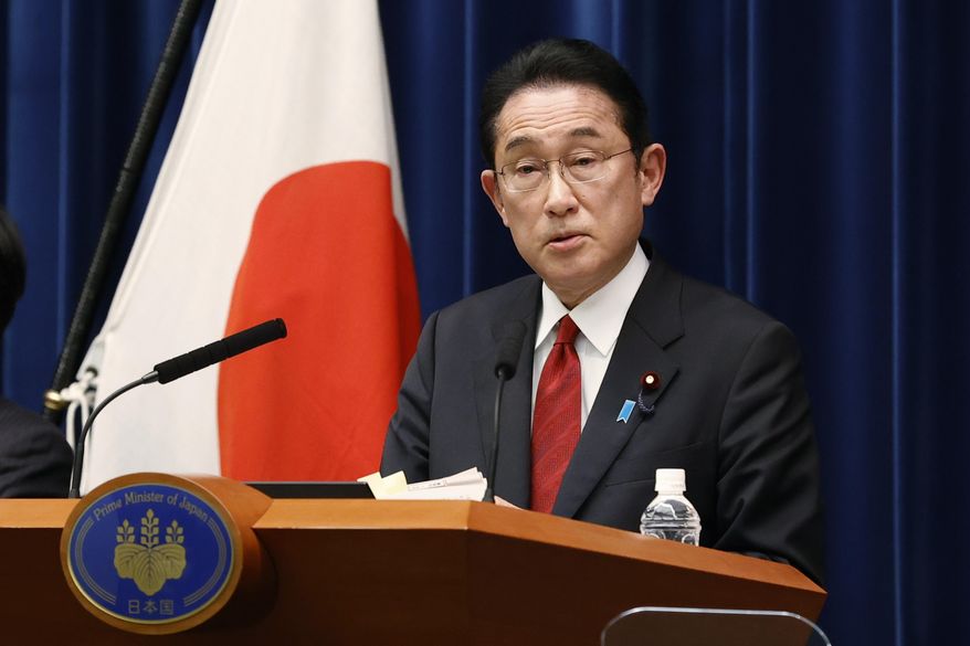 Japan&#39;s Prime Minister Fumio Kishida speaks during a news conference at the prime minister&#39;s official residence on April 8, 2022. Kishida and visiting U.S. lawmakers reaffirmed their commitment to working together under a longstanding bilateral alliance on Saturday, April 16, amid heightened global tensions spanning the war in Ukraine to threats from neighboring China and North Korea. (Rodrigo Reyes Marin/Pool Photo via AP, File)