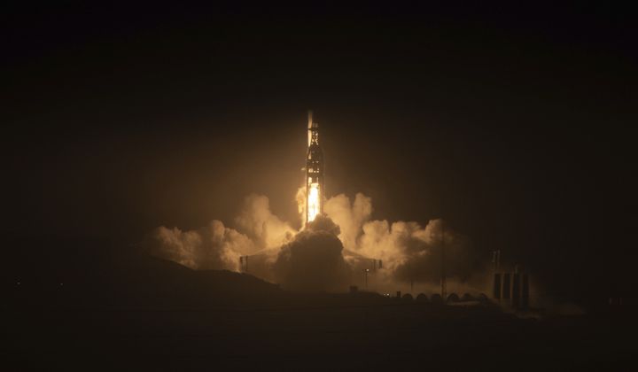 A SpaceX Falcon 9 rocket carrying National Reconnaissance Office mission (NROL-85) launches from Space Launch Complex-4 East at Vandenberg Space Force Base, Calif., on Sunday morning, April 17, 2022. (Michael Peterson/Space Launch Delta 30 Public Affairs/USNORTHCOM via AP)