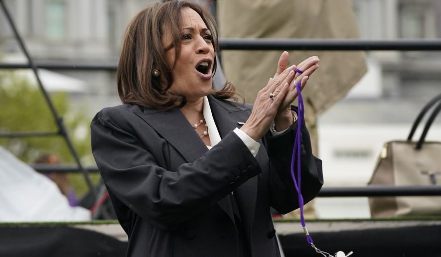 Vice President Kamala Harris cheers after blowing a whistle to start a race as she participates in activities on the South Lawn of the White House in Washington, Monday, April 18, 2022, during the White House Easter Egg Roll. (AP Photo/Susan Walsh)