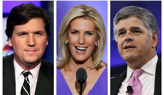 Fox News primetime hosts Tucker Carlson, Laura Ingraham and Sean Hannity are part of the on-air team which reach out to millions of viewers each night. The network is marking the 40th straight week that its primetime audience is more than twice the number of people who tune into MSNBC and CNN combined each night. (AP PHOTO)