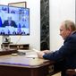 Russian President Vladimir Putin attends a meeting on the current situation in Russia&#39;s iron and steel industry via videoconference in the Kremlin in Moscow, Russia, Wednesday, April 20, 2022. (Mikhail Klimentyev, Sputnik, Kremlin Pool Photo via AP)