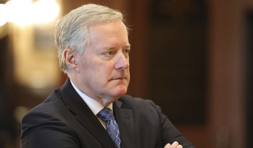 Former White House Chief of Staff Mark Meadows listens during an announcement of the creation of a new South Carolina Freedom Caucus based on a similar national group at a news conference on Wednesday, April 20, 2022 in Columbia, S.C. (AP Photo/Jeffrey Collins)