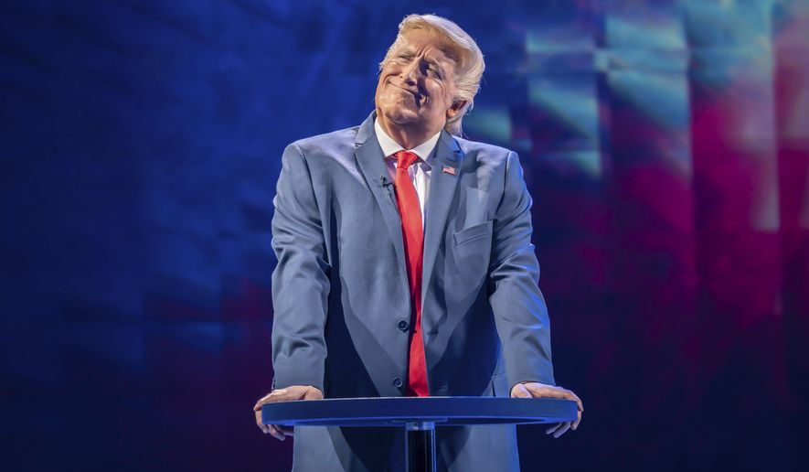 Bertie Carvel plays Donald Trump in The 47th, at The Old Vic theater, in London on April 6, 2022. Mike Bartlett’s play “The 47th” is an audaciously Shakespearean take on recent and future U.S. politics that is running at London&#39;s Old Vic. The title refers to the next president of the United States, who will be the 47th holder of that office, and depicts a high-stakes 2024 election battle. “Actor Bertie Carvel, who plays Trump, says he loves the “daring and the audacity” of the play, with its Shakespearean echoes.  (Marc Brenner via AP)
