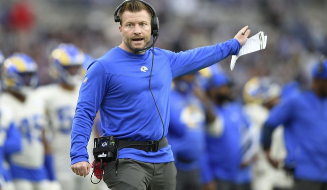 Los Angeles Rams head coach Sean McVay reacts during the second half of an NFL football game against the Baltimore Ravens, Sunday, Jan. 2, 2022, in Baltimore. This year&#x27;s draft season featured the return of comparison shopping and face-to-face contact with college prospects a year after the NFL scouting combine was scuttled by the pandemic. Sean McVay, Kyle Shanahan and Robert Saleh all skipped this year&#x27;s return engagement in which 324 players showed off some combination of their their athleticism, fitness, skill, speed, quickness, strength and savvy for scouts, coaches and general managers who were in attendance. (AP Photo/Gail Burton) **FILE**