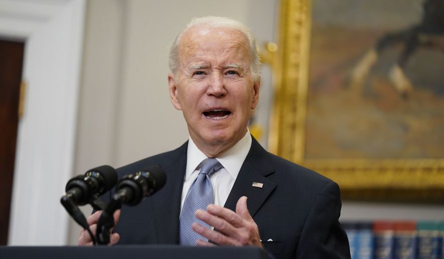 President Joe Biden delivers remarks on the Russian invasion of Ukraine, in the Roosevelt Room of the White House, Thursday, April 21, 2022, in Washington. (AP Photo/Evan Vucci)