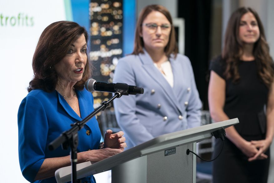 New York Gov. Kathy Hochul speaks during an event to mark Earth Day with announcements on the environmental improvements on the infrastructure of the Empire State Building, Thursday, April 21, 2022, in New York. Earth Day falls on April 22 this year. (AP Photo/John Minchillo)