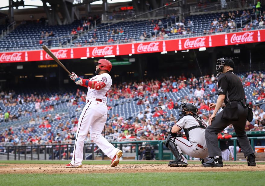 Nelson Cruz smashes 426-foot home run to drive in Juan Soto off of pitcher Zach Davies from Washington Nationals vs. Arizona Diamondbacks at Nationals Park, April 21, 2022. (Photography: All-Pro Reels / Alyssa Howell) **FILE**