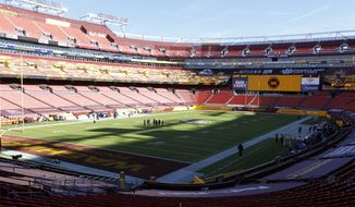FedEx Field is viewed prior to an NFL football game between the Carolina Panthers and the Washington Football Team, Dec. 27, 2020, in Landover, Md. (AP Photo/Mark Tenally, File)