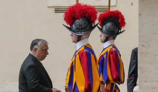 Hungary&#39;s Prime Minister Viktor Orban arrives at the Vatican to meet Pope Francis, Thursday, April 21, 2022. (AP Photo/Andrew Medichini)
