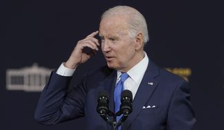 President Joe Biden gestures as he speaks Friday, April 22, 2022, at Green River College in Auburn, Wash., south of Seattle. (AP Photo/Ted S. Warren)