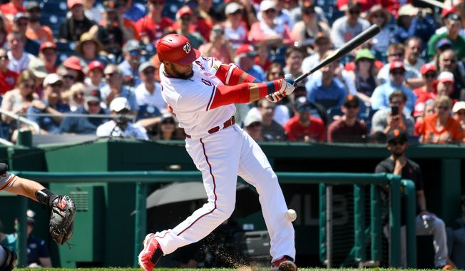 Washington Nationals designated hitter Nelson Cruz (23) swinging at a pitch during the 1st inning in a game against the San Francisco Giants at Nationals Park in Washington D.C., April 24, 2022. (Photo by All-Pro Reels)