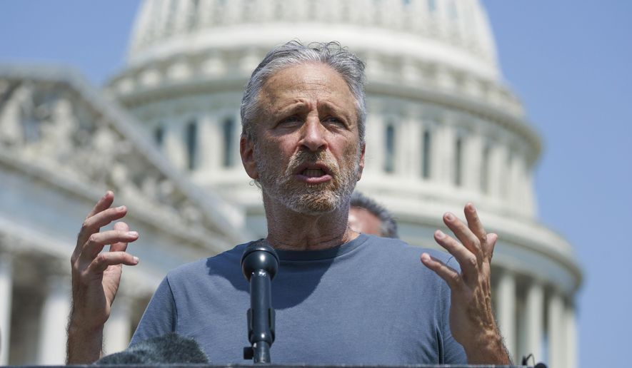 Entertainer and activist Jon Stewart speaks in support of legislation to expand benefits and improve care for veterans suffering from toxic exposure to burn pits and other hazards, at the Capitol in Washington, May 26, 2021. Stewart is the latest recipient of the Mark Twain prize for lifetime achievement in comedy, an honor being bestowed Sunday, April 24, 2022, at the Kennedy Center for the Performing Arts. (AP Photo/J. Scott Applewhite, File)