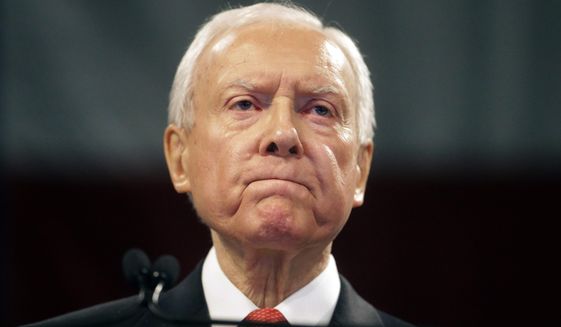 Sen. Orrin Hatch, R-Utah, speaks during the Utah Republican Party 2016 nominating convention Saturday, April 23, 2016, in Salt Lake City. Hatch, who became the longest-serving Republican senator in history as he represented Utah for more than four decades, died Saturday, April 23, 2022, at age 88. (AP Photo/Rick Bowmer, File)