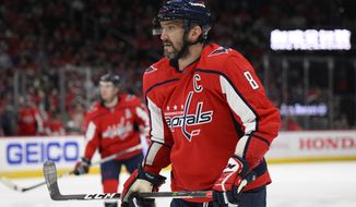 Washington Capitals left wing Alex Ovechkin (8) in action during the first period of an NHL hockey game against the Toronto Maple Leafs, Sunday, April 24, 2022, in Washington. (AP Photo/Nick Wass)