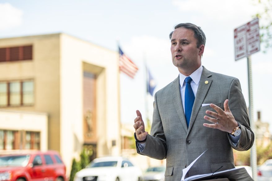 Virginia Attorney General Jason Miyares speaks in Lynchburg, Va. during a recognition of the beginning of National Crime Victims&#39; Rights Week on Monday, April 25, 2022. (Kendall Warner/The News &amp; Advance via AP)