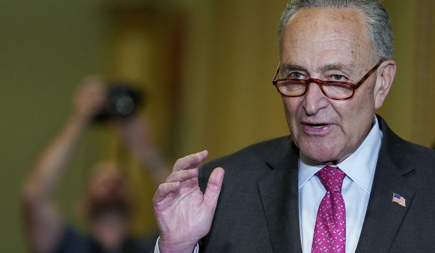 Senate Majority Leader Chuck Schumer of N.Y., speaks during the Democratic strategy weekly meeting, Tuesday, April 26, 2022, at the Capitol in Washington. (AP Photo/Mariam Zuhaib)