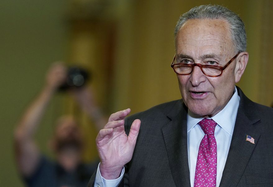 Senate Majority Leader Chuck Schumer of N.Y., speaks during the Democratic strategy weekly meeting, Tuesday, April 26, 2022, at the Capitol in Washington. (AP Photo/Mariam Zuhaib)