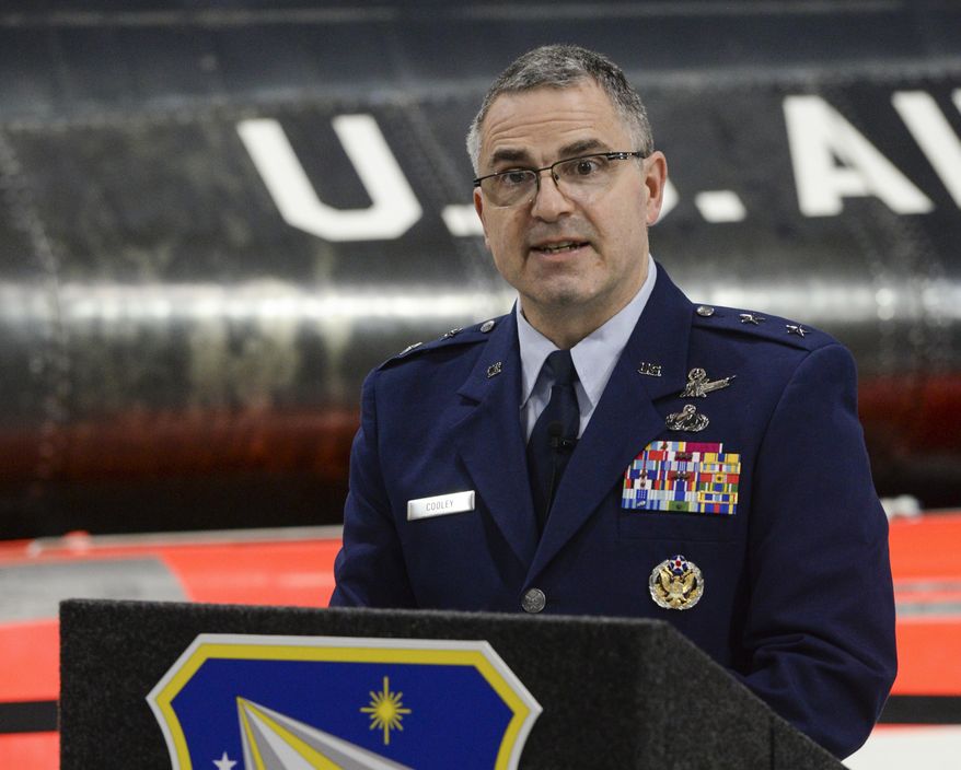 U.S. Air Force Maj. Gen. William T. Cooley, Air Force Research Laboratory commander, delivers remarks during a press conference inside the National Museum of the United States Air Force, Wright-Patterson Air Force Base, Ohio, on April 18, 2019. Cooley, has been convicted, Saturday, April 23, 2022, by a military judge of one of three specifications of abusive sexual contact in the first-ever military trial of an Air Force general.   (Wesley Farnsworth/U.S. Air Force via AP)