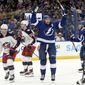 Tampa Bay Lightning center Steven Stamkos (91) celebrates his goal during the second period of an NHL hockey game against the Columbus Blue Jackets Tuesday, April 26, 2022, in Tampa, Fla. The goal gave Stamkos 100 points this season. (AP Photo/Jason Behnken)